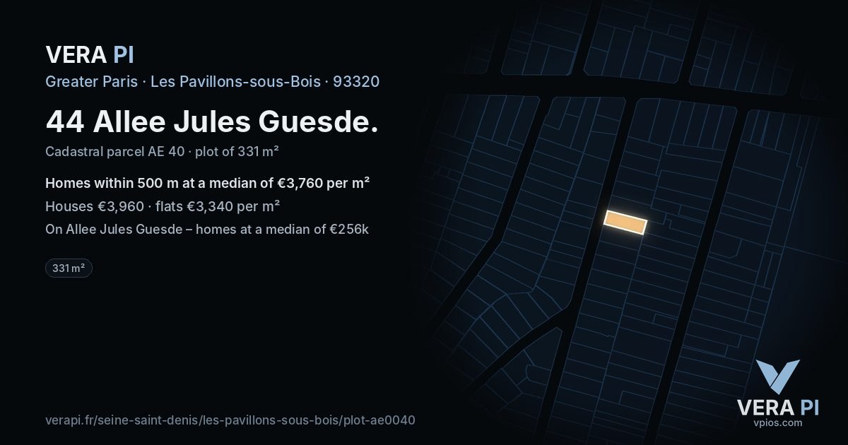 44 Allee Jules Guesde, Les Pavillons-sous-Bois at night – the plot lit, the parcels around coloured by the prices near them