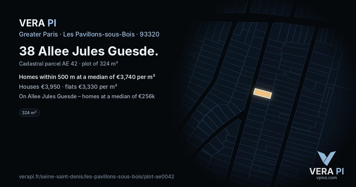 38 Allee Jules Guesde, Les Pavillons-sous-Bois at night – the plot lit, the parcels around coloured by the prices near them