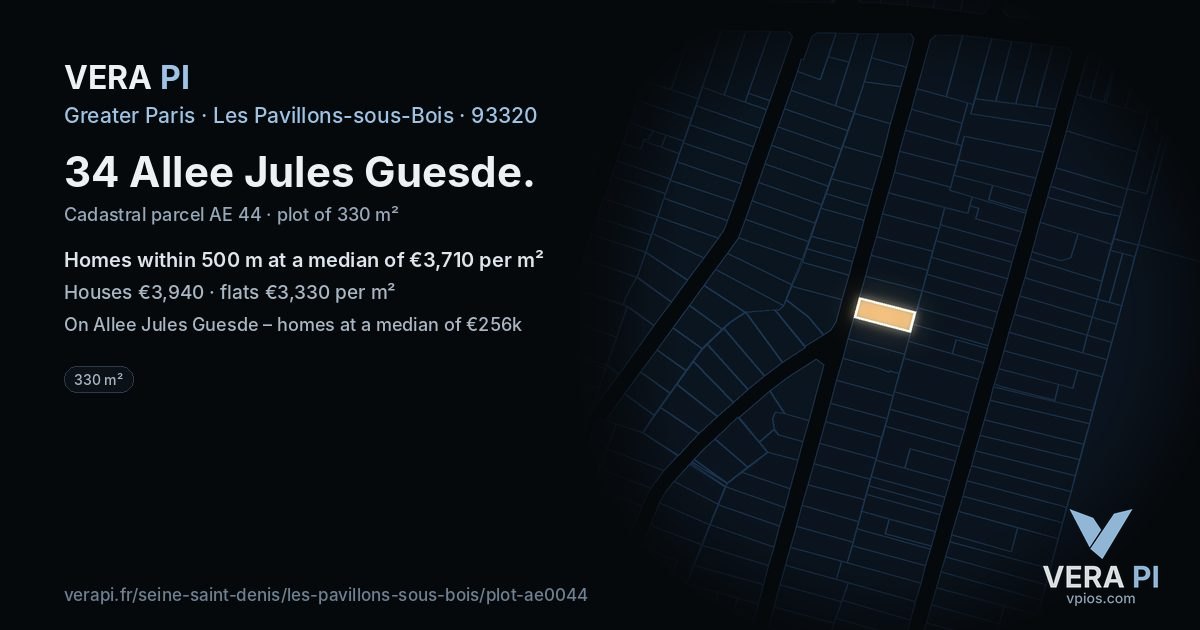 34 Allee Jules Guesde, Les Pavillons-sous-Bois at night – the plot lit, the parcels around coloured by the prices near them