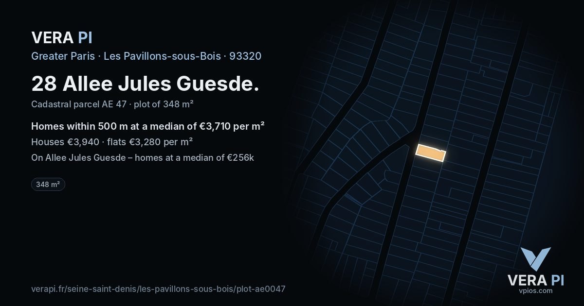28 Allee Jules Guesde, Les Pavillons-sous-Bois at night – the plot lit, the parcels around coloured by the prices near them