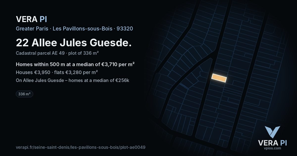 22 Allee Jules Guesde, Les Pavillons-sous-Bois at night – the plot lit, the parcels around coloured by the prices near them