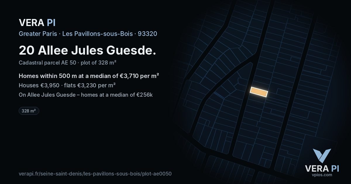 20 Allee Jules Guesde, Les Pavillons-sous-Bois at night – the plot lit, the parcels around coloured by the prices near them