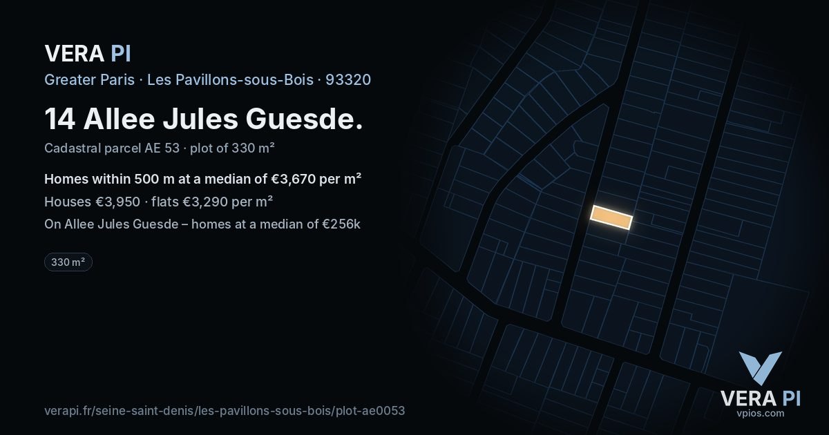 14 Allee Jules Guesde, Les Pavillons-sous-Bois at night – the plot lit, the parcels around coloured by the prices near them