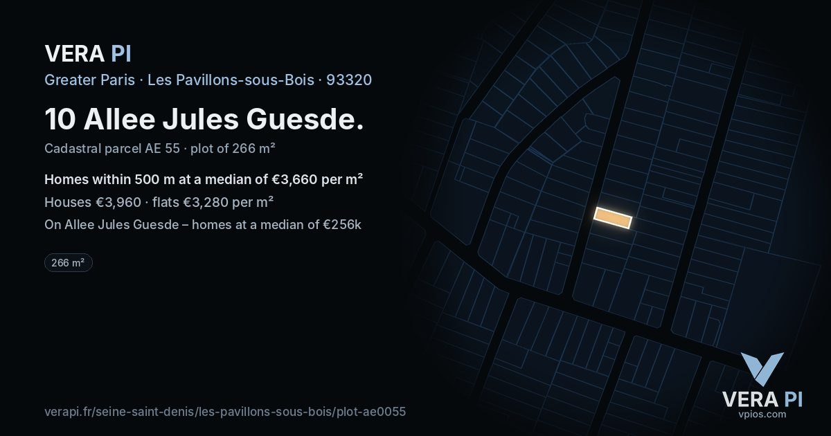 10 Allee Jules Guesde, Les Pavillons-sous-Bois at night – the plot lit, the parcels around coloured by the prices near them