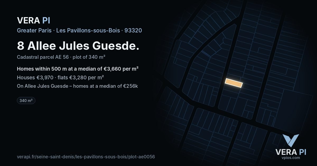 8 Allee Jules Guesde, Les Pavillons-sous-Bois at night – the plot lit, the parcels around coloured by the prices near them