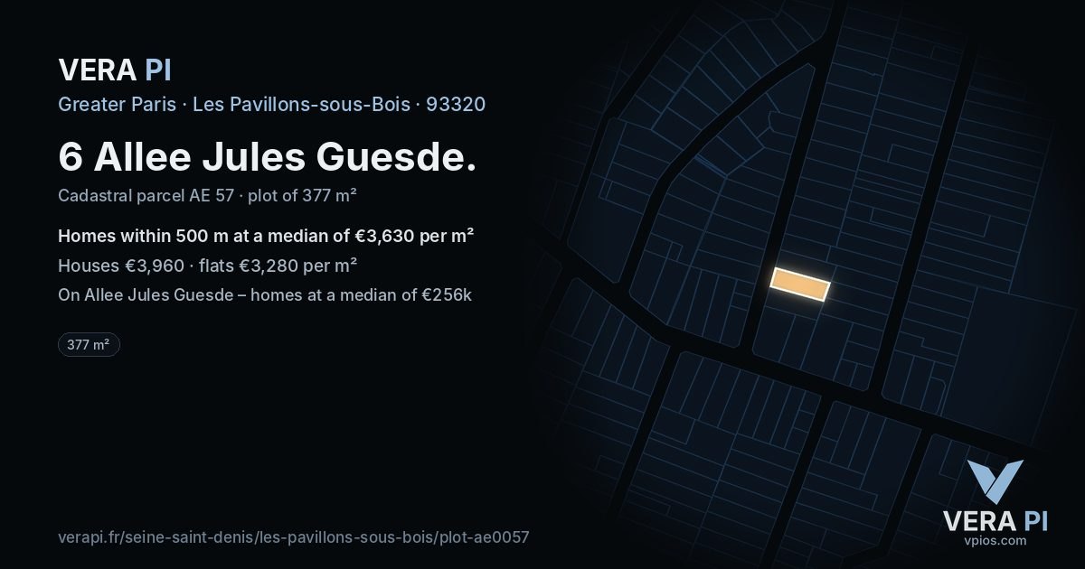 6 Allee Jules Guesde, Les Pavillons-sous-Bois at night – the plot lit, the parcels around coloured by the prices near them