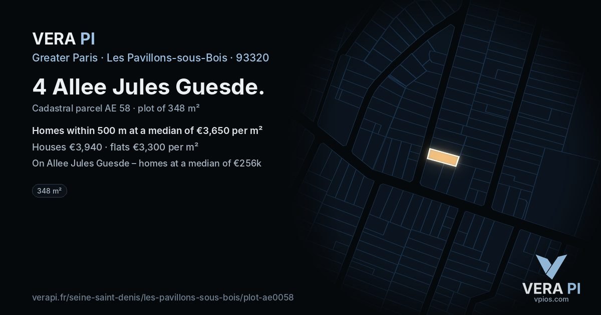 4 Allee Jules Guesde, Les Pavillons-sous-Bois at night – the plot lit, the parcels around coloured by the prices near them