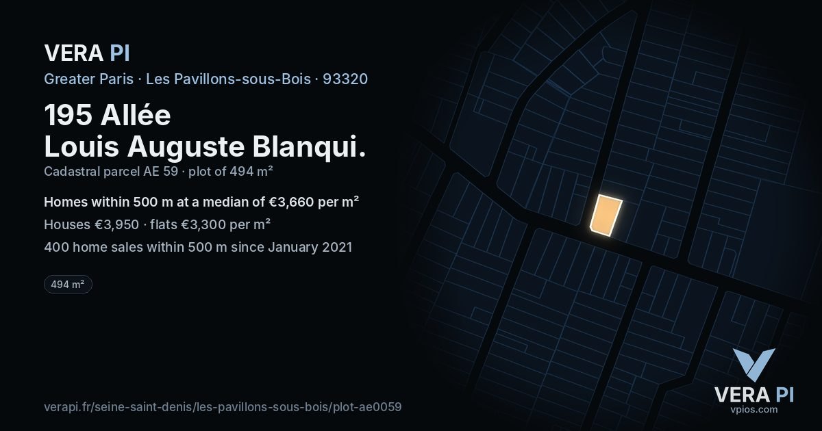 195 Allée Louis Auguste Blanqui, Les Pavillons-sous-Bois at night – the plot lit, the parcels around coloured by the prices near them