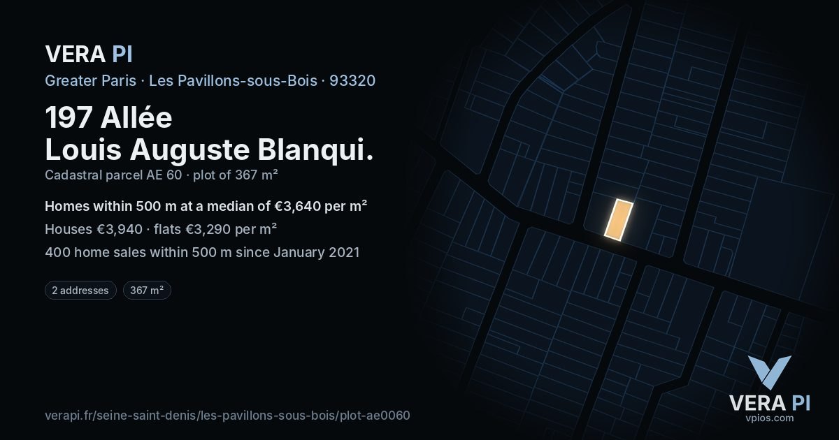 197 Allée Louis Auguste Blanqui, Les Pavillons-sous-Bois at night – the plot lit, the parcels around coloured by the prices near them