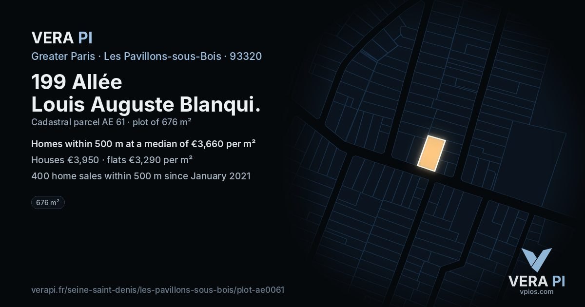 199 Allée Louis Auguste Blanqui, Les Pavillons-sous-Bois at night – the plot lit, the parcels around coloured by the prices near them