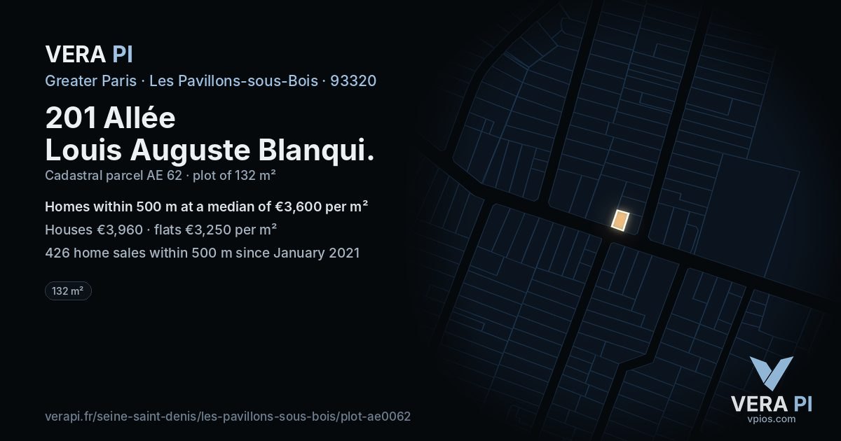 201 Allée Louis Auguste Blanqui, Les Pavillons-sous-Bois at night – the plot lit, the parcels around coloured by the prices near them