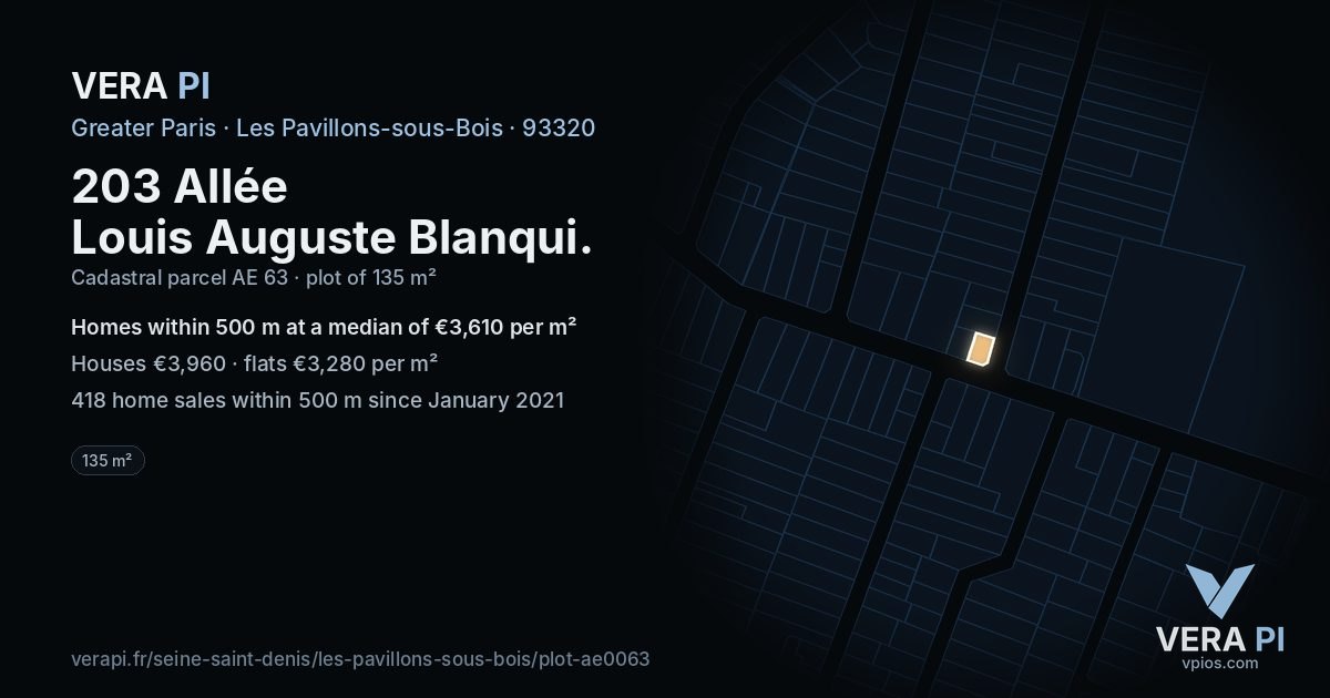 203 Allée Louis Auguste Blanqui, Les Pavillons-sous-Bois at night – the plot lit, the parcels around coloured by the prices near them