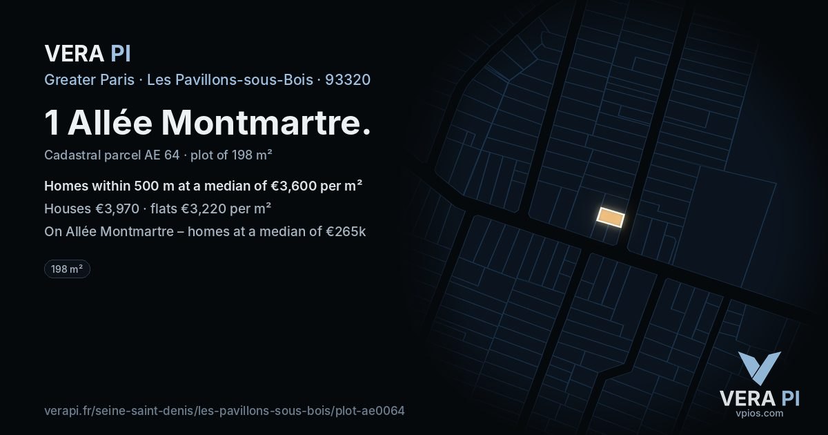 1 Allée Montmartre, Les Pavillons-sous-Bois at night – the plot lit, the parcels around coloured by the prices near them