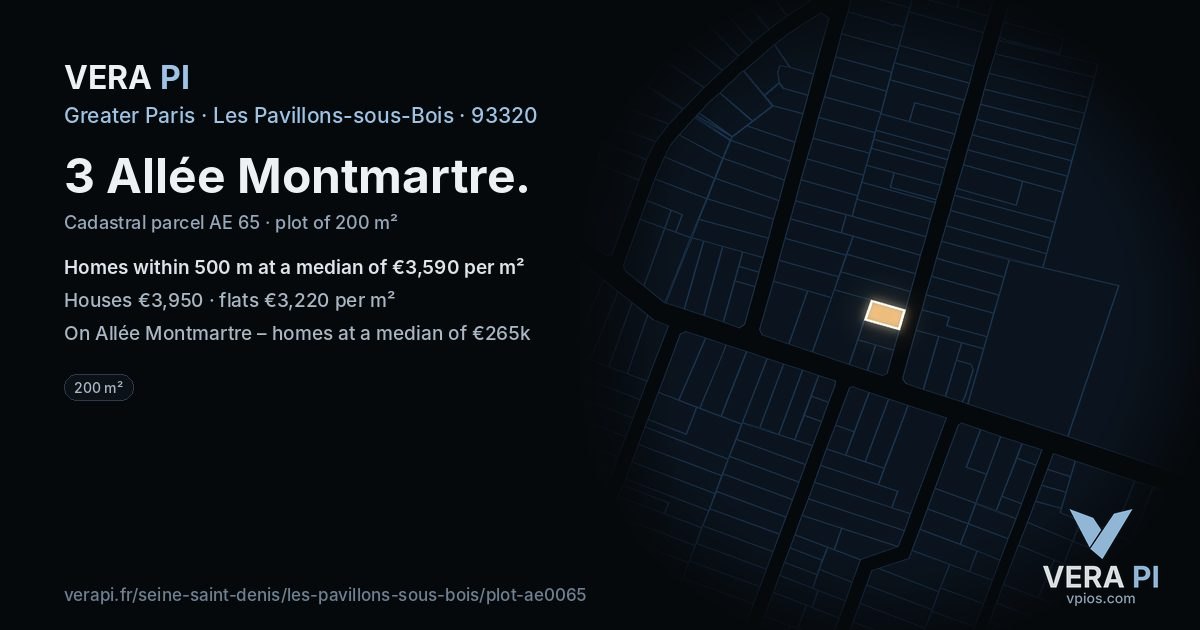 3 Allée Montmartre, Les Pavillons-sous-Bois at night – the plot lit, the parcels around coloured by the prices near them