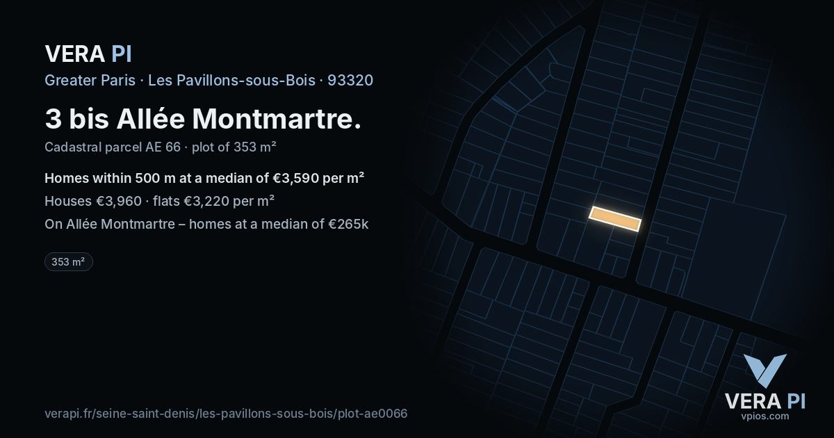 3 bis Allée Montmartre, Les Pavillons-sous-Bois at night – the plot lit, the parcels around coloured by the prices near them