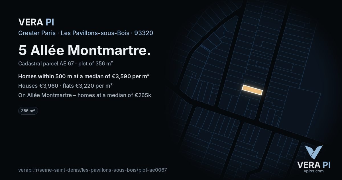 5 Allée Montmartre, Les Pavillons-sous-Bois at night – the plot lit, the parcels around coloured by the prices near them