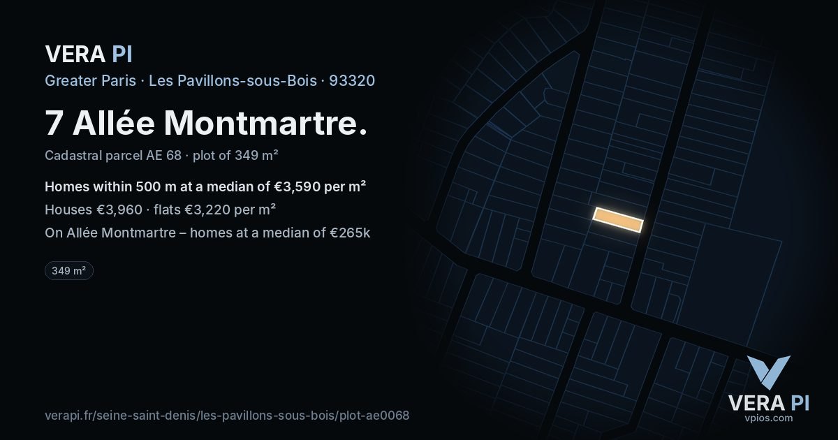 7 Allée Montmartre, Les Pavillons-sous-Bois at night – the plot lit, the parcels around coloured by the prices near them