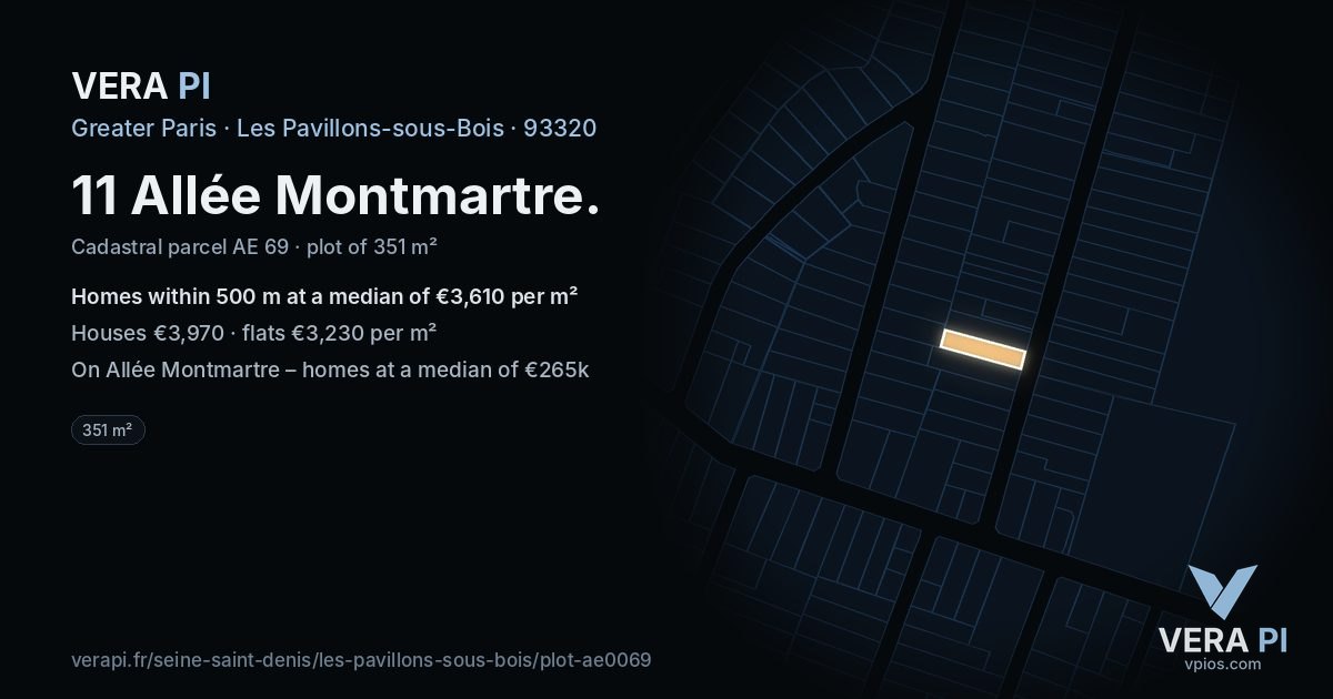 11 Allée Montmartre, Les Pavillons-sous-Bois at night – the plot lit, the parcels around coloured by the prices near them