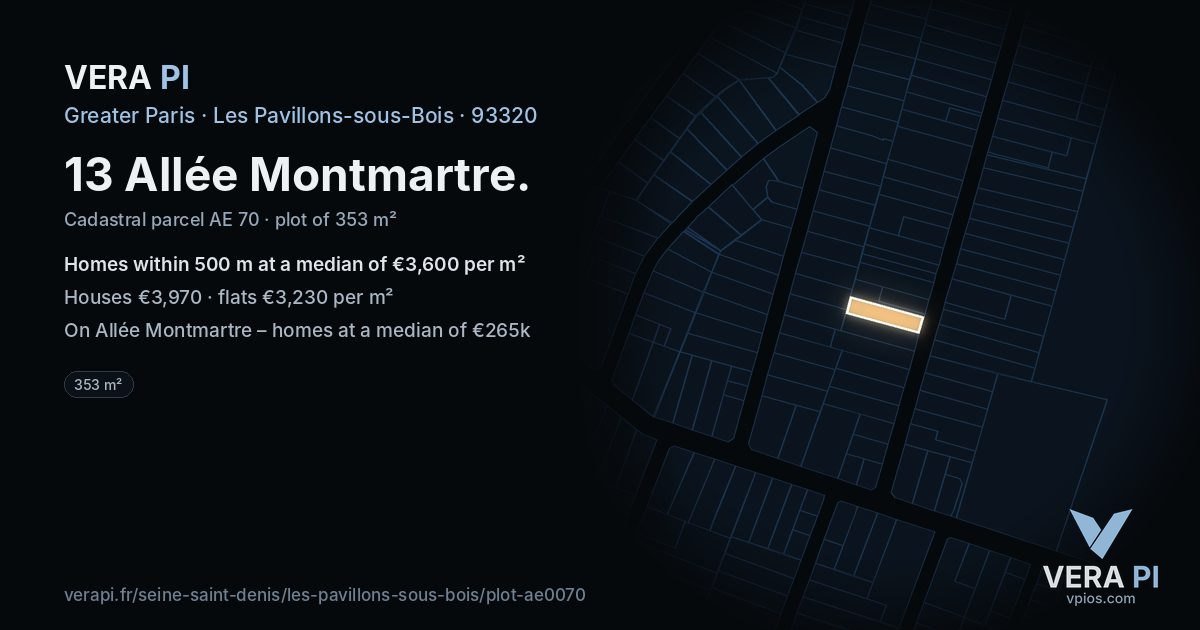 13 Allée Montmartre, Les Pavillons-sous-Bois at night – the plot lit, the parcels around coloured by the prices near them