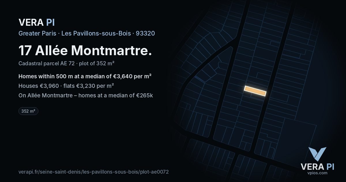 17 Allée Montmartre, Les Pavillons-sous-Bois at night – the plot lit, the parcels around coloured by the prices near them