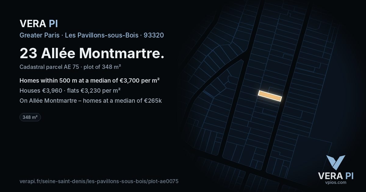 23 Allée Montmartre, Les Pavillons-sous-Bois at night – the plot lit, the parcels around coloured by the prices near them