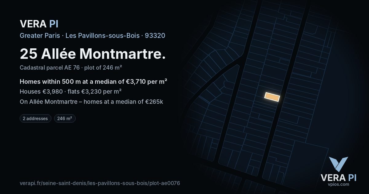 25 Allée Montmartre, Les Pavillons-sous-Bois at night – the plot lit, the parcels around coloured by the prices near them