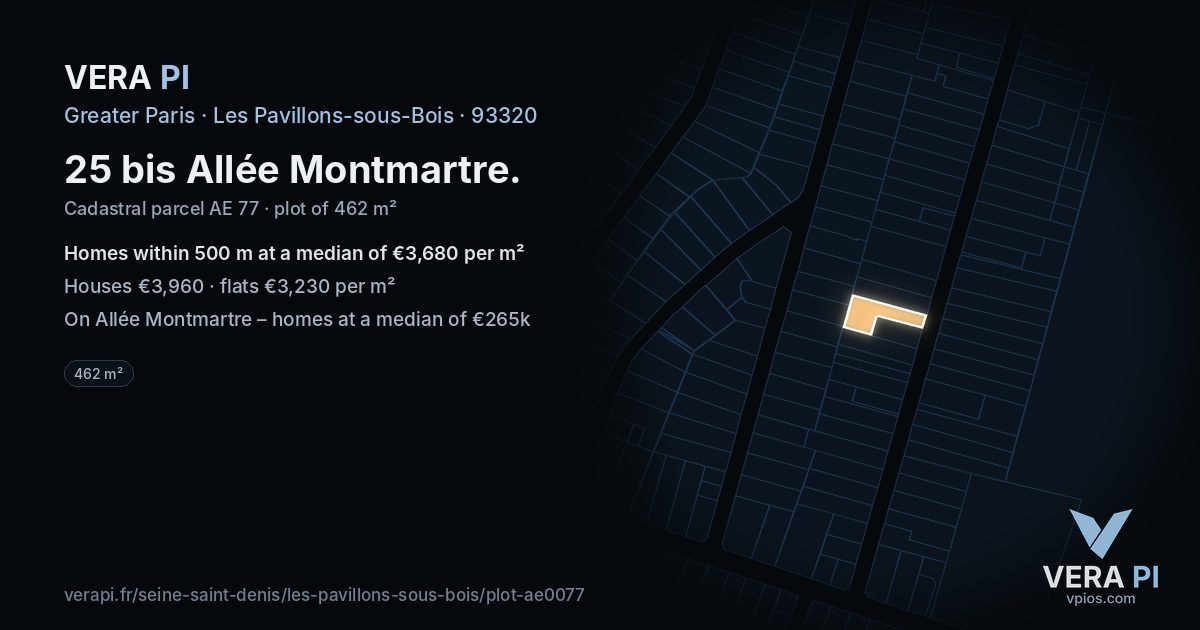 25 bis Allée Montmartre, Les Pavillons-sous-Bois at night – the plot lit, the parcels around coloured by the prices near them