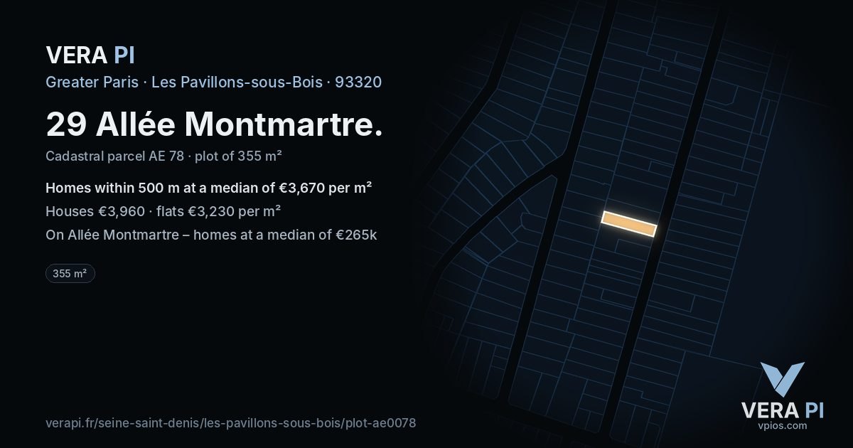 29 Allée Montmartre, Les Pavillons-sous-Bois at night – the plot lit, the parcels around coloured by the prices near them
