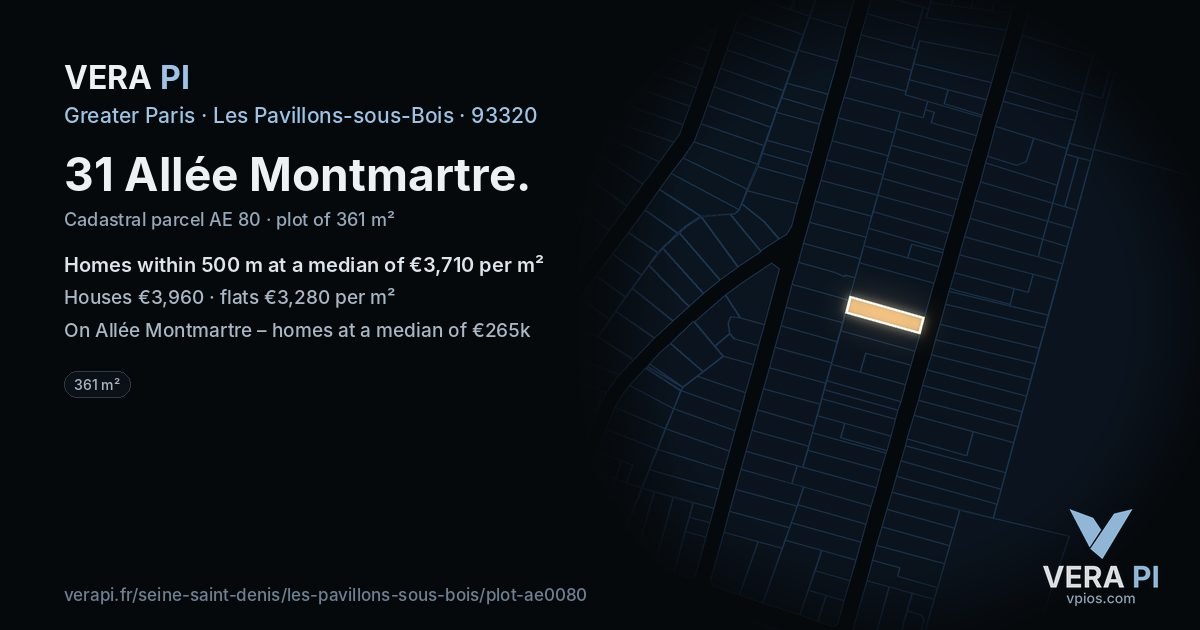 31 Allée Montmartre, Les Pavillons-sous-Bois at night – the plot lit, the parcels around coloured by the prices near them