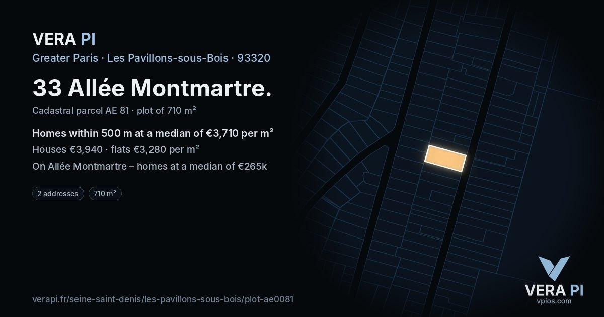 33 Allée Montmartre, Les Pavillons-sous-Bois at night – the plot lit, the parcels around coloured by the prices near them