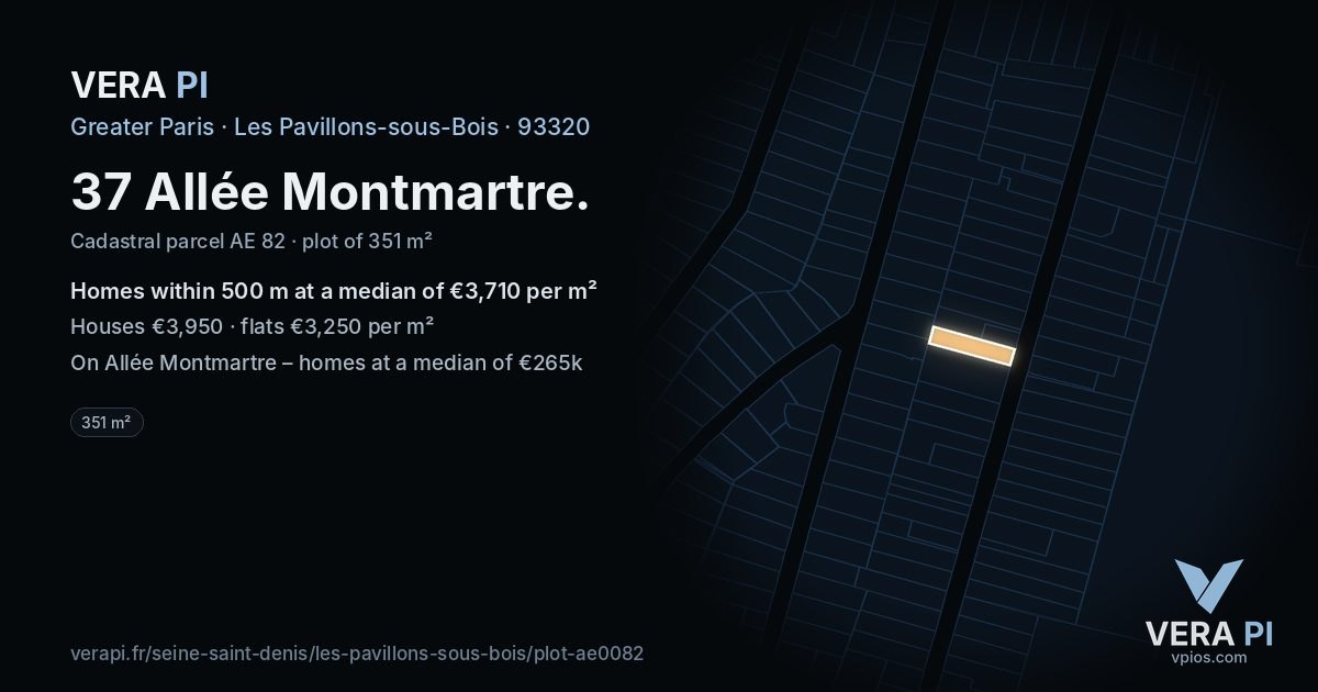 37 Allée Montmartre, Les Pavillons-sous-Bois at night – the plot lit, the parcels around coloured by the prices near them