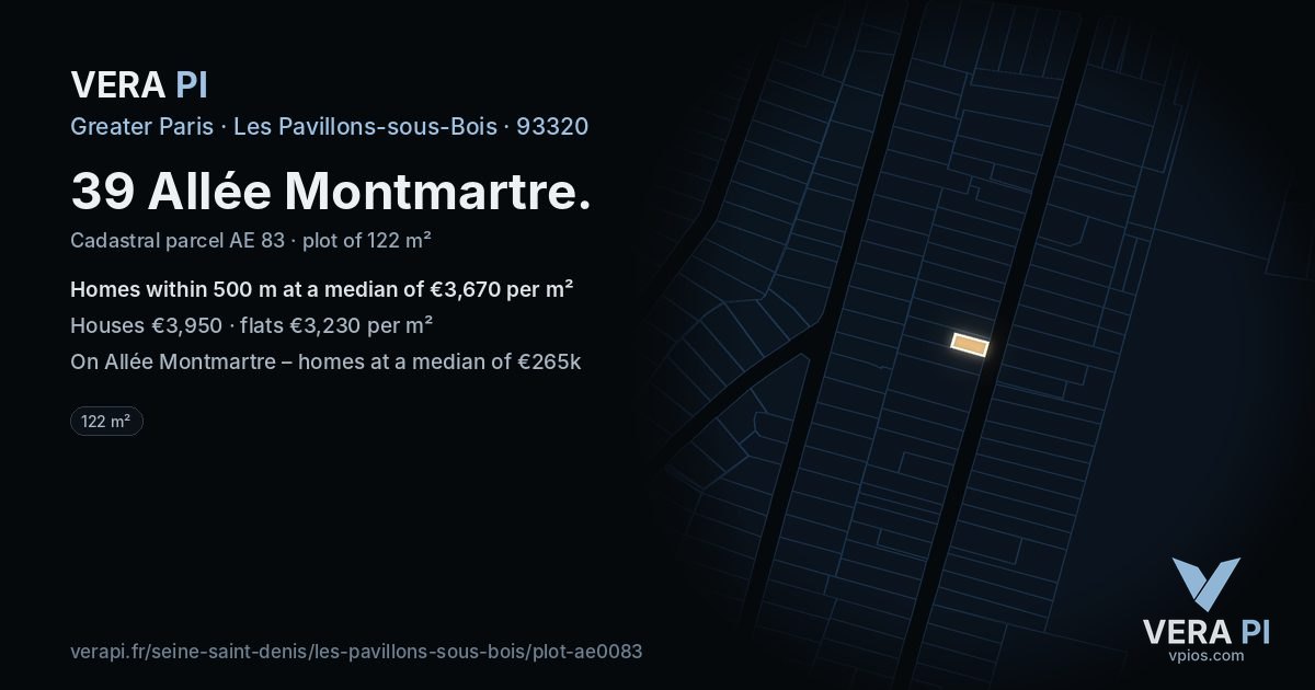 39 Allée Montmartre, Les Pavillons-sous-Bois at night – the plot lit, the parcels around coloured by the prices near them