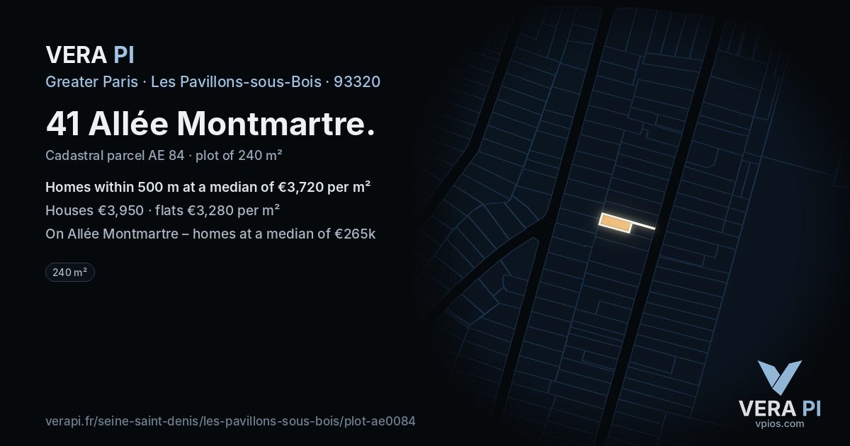 41 Allée Montmartre, Les Pavillons-sous-Bois at night – the plot lit, the parcels around coloured by the prices near them