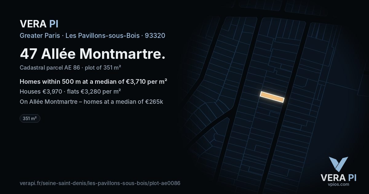 47 Allée Montmartre, Les Pavillons-sous-Bois at night – the plot lit, the parcels around coloured by the prices near them