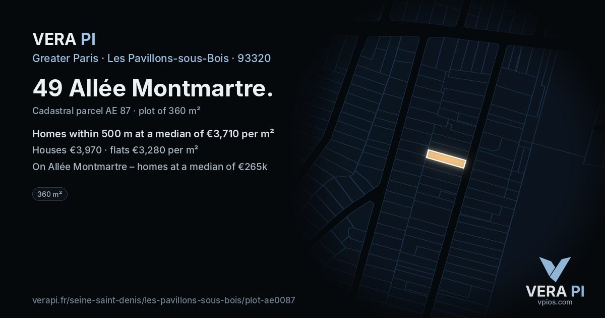 49 Allée Montmartre, Les Pavillons-sous-Bois at night – the plot lit, the parcels around coloured by the prices near them