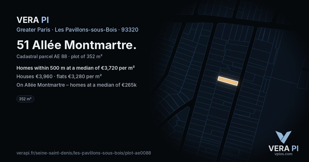 51 Allée Montmartre, Les Pavillons-sous-Bois at night – the plot lit, the parcels around coloured by the prices near them