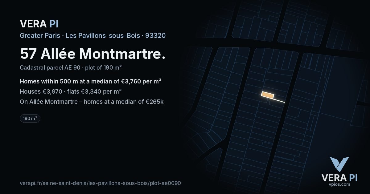 57 Allée Montmartre, Les Pavillons-sous-Bois at night – the plot lit, the parcels around coloured by the prices near them