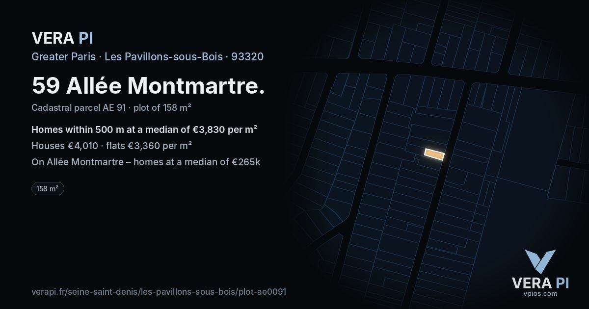 59 Allée Montmartre, Les Pavillons-sous-Bois at night – the plot lit, the parcels around coloured by the prices near them