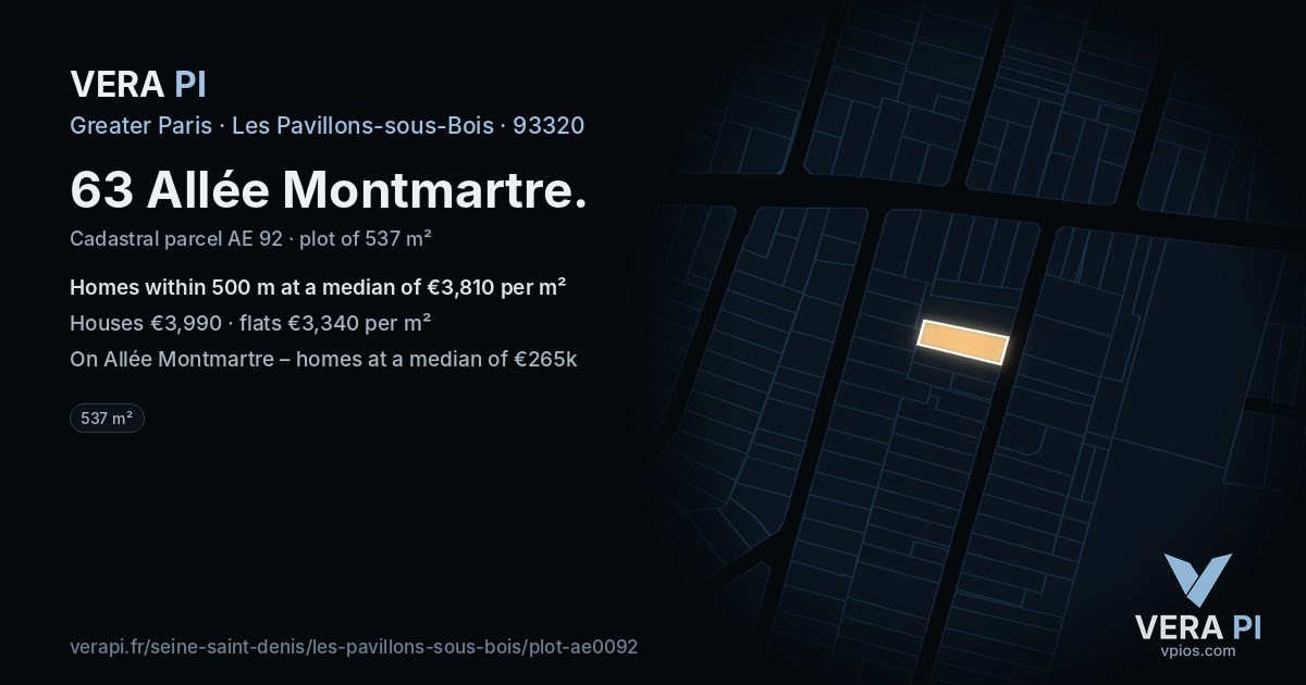 63 Allée Montmartre, Les Pavillons-sous-Bois at night – the plot lit, the parcels around coloured by the prices near them