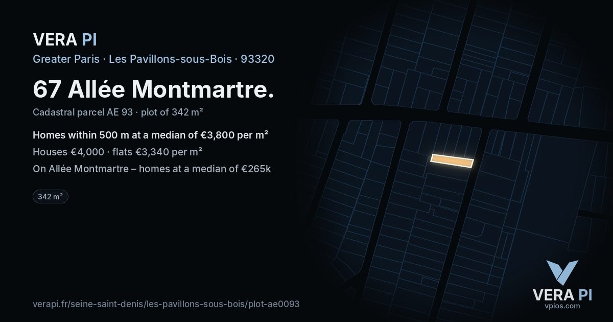 67 Allée Montmartre, Les Pavillons-sous-Bois at night – the plot lit, the parcels around coloured by the prices near them