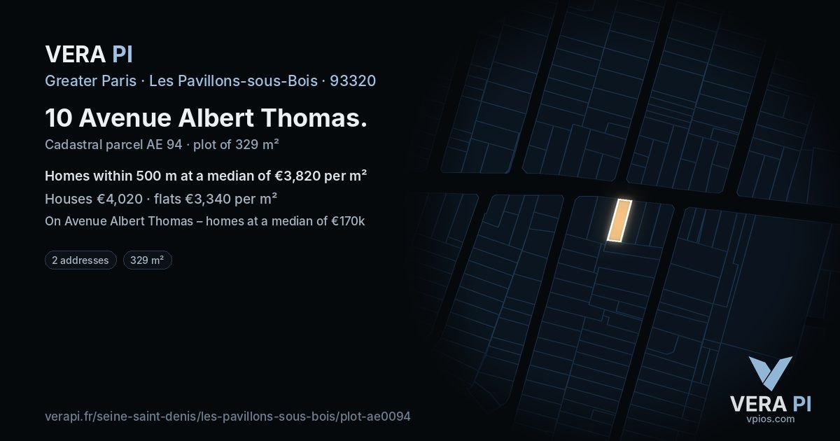 10 Avenue Albert Thomas, Les Pavillons-sous-Bois at night – the plot lit, the parcels around coloured by the prices near them
