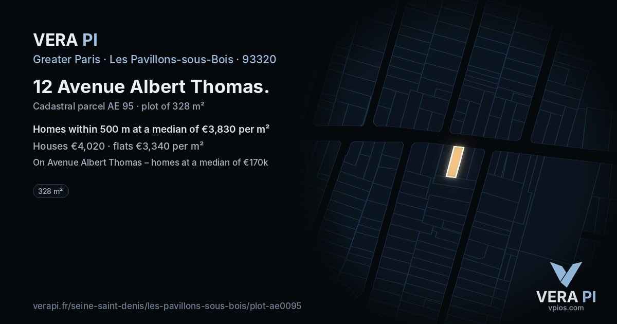 12 Avenue Albert Thomas, Les Pavillons-sous-Bois at night – the plot lit, the parcels around coloured by the prices near them