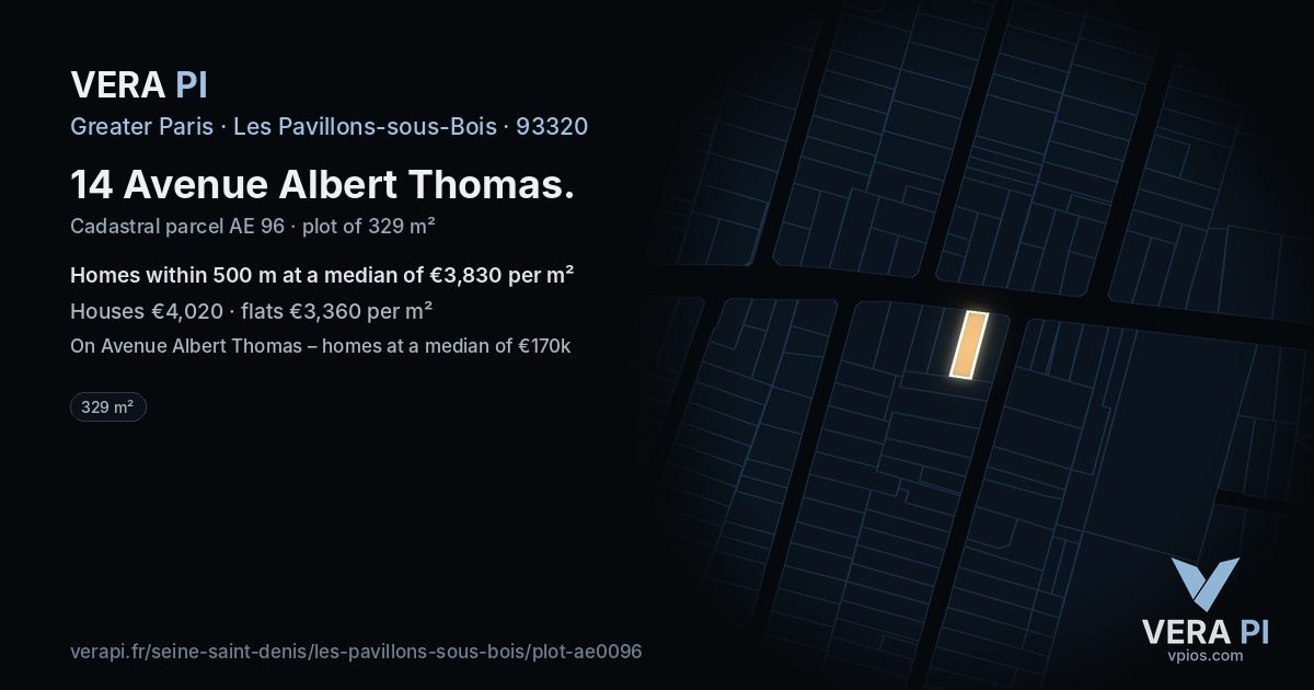 14 Avenue Albert Thomas, Les Pavillons-sous-Bois at night – the plot lit, the parcels around coloured by the prices near them