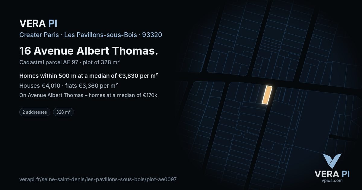 16 Avenue Albert Thomas, Les Pavillons-sous-Bois at night – the plot lit, the parcels around coloured by the prices near them