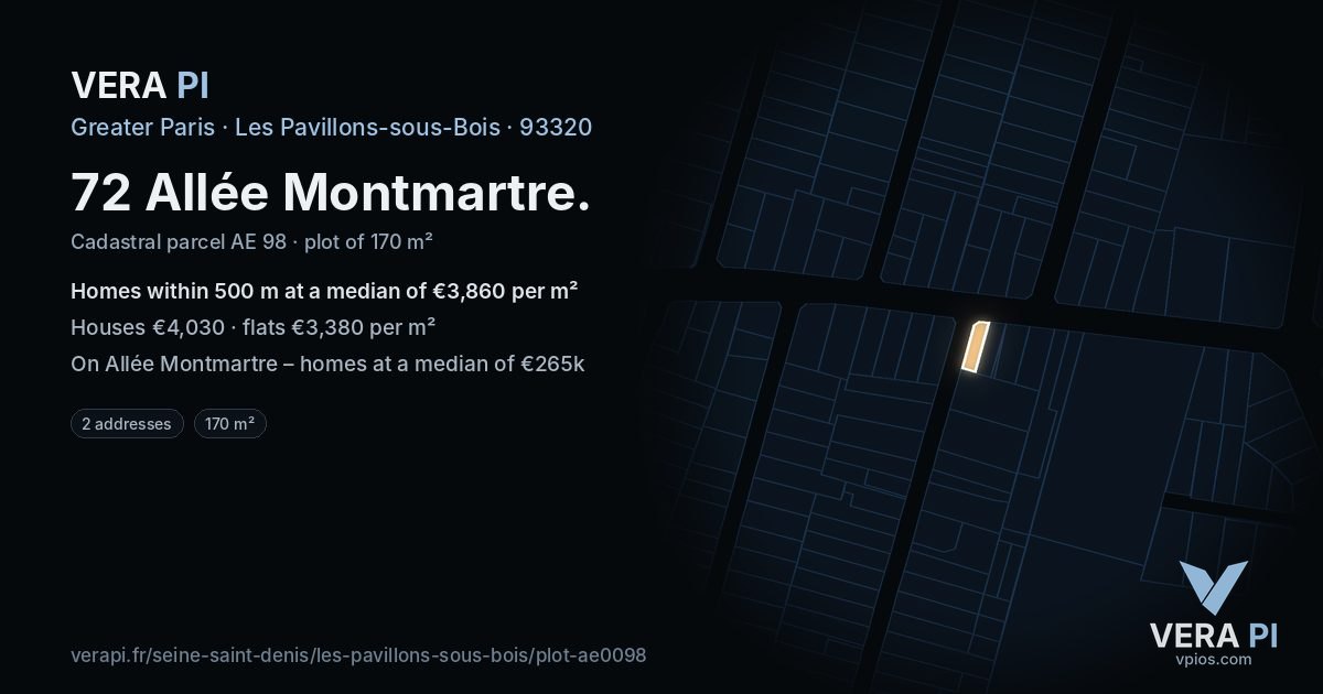 72 Allée Montmartre, Les Pavillons-sous-Bois at night – the plot lit, the parcels around coloured by the prices near them