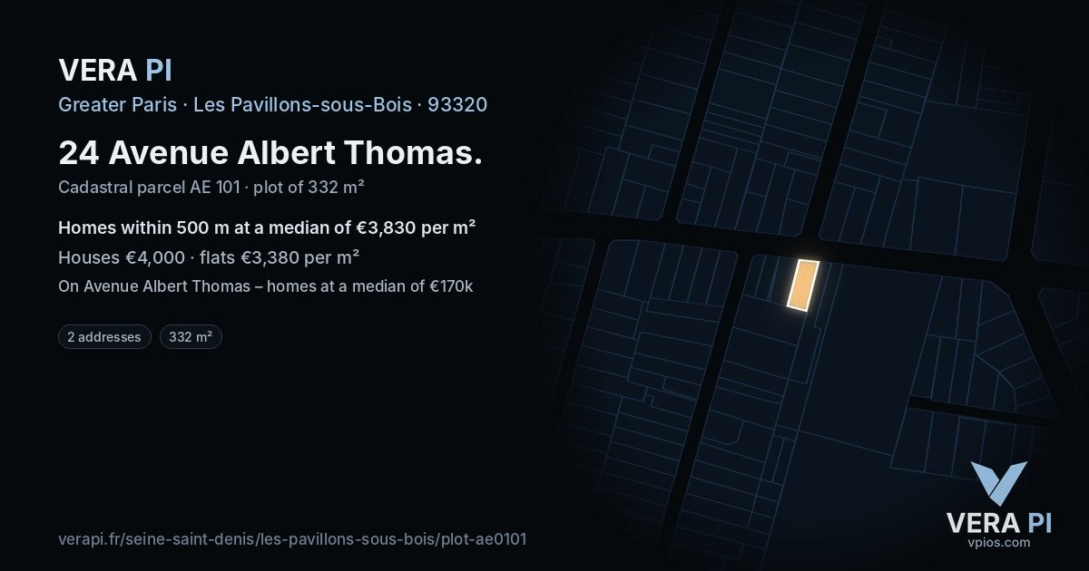 24 Avenue Albert Thomas, Les Pavillons-sous-Bois at night – the plot lit, the parcels around coloured by the prices near them