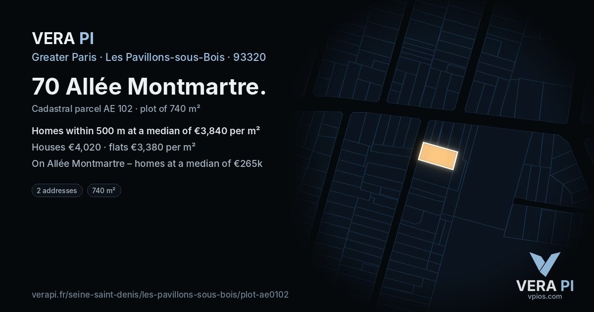 70 Allée Montmartre, Les Pavillons-sous-Bois at night – the plot lit, the parcels around coloured by the prices near them