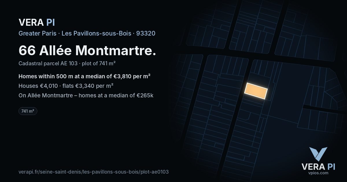 66 Allée Montmartre, Les Pavillons-sous-Bois at night – the plot lit, the parcels around coloured by the prices near them