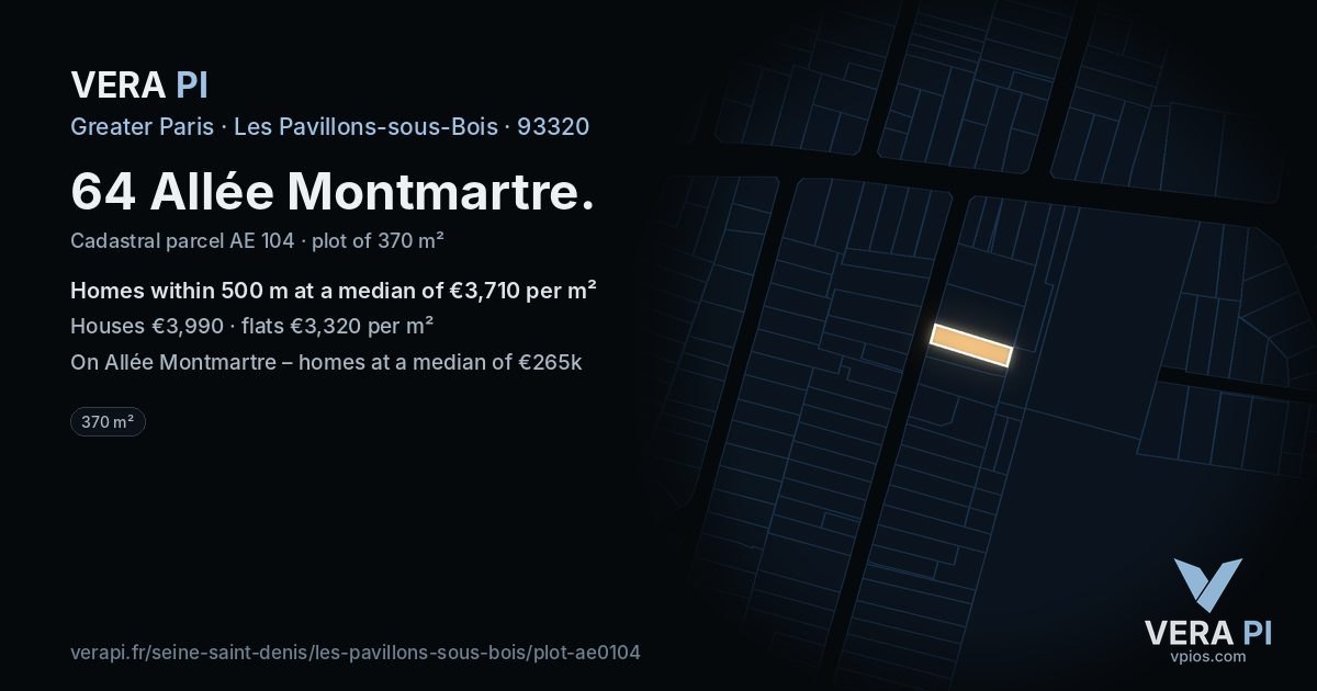 64 Allée Montmartre, Les Pavillons-sous-Bois at night – the plot lit, the parcels around coloured by the prices near them