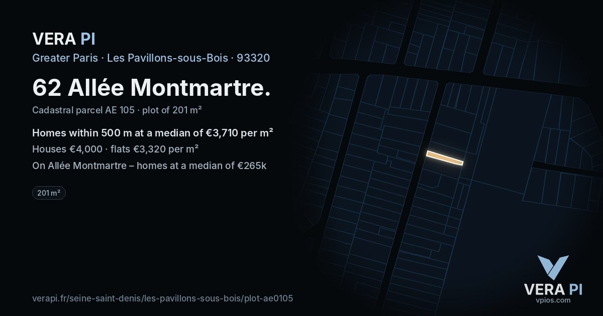 62 Allée Montmartre, Les Pavillons-sous-Bois at night – the plot lit, the parcels around coloured by the prices near them